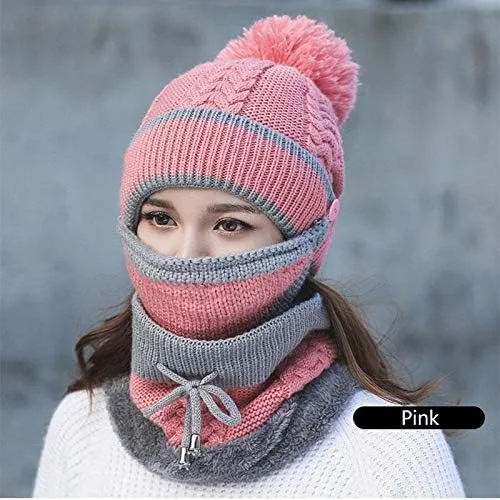 Vista 4 de Juego de 3 piezas de moda para mujer, gorro de punto de invierno grueso de lana con máscara cálida y bufanda para el cuello