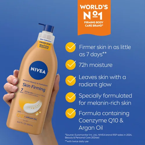 Vista 3 de NIVEA Loción Corporal Reafirmante de Belleza e Hidratación con Melanina con Q10 y Aceite de Argán, Piel más Firme en tan solo Siete Días, Botella