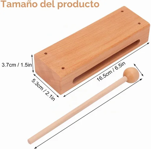 Vista 2 de Juego de 2 bloques de ritmo de madera maciza con mazo, instrumento de percusión musical duradero, apto para bloques de madera musical para adultos