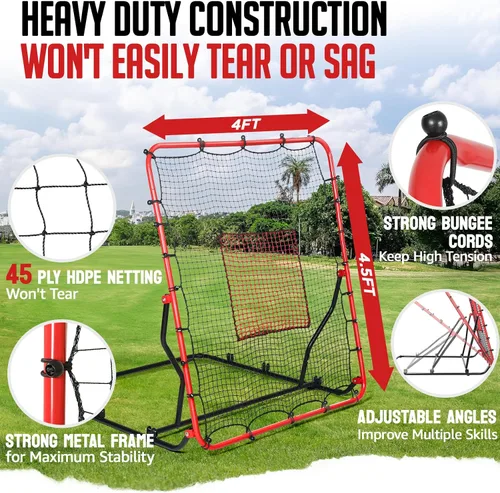 Vista 2 de Baseball Rebounder Net, 3/5 Adjustable Angles 4x4.5FT Pitch Back Baseball Softball Volleyball Rebounder with 2 Strike Zones, UV Resistant, Pitchback