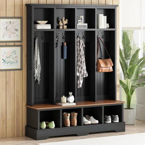 Vista 26 de JIVOIT Farmhouse Wood Hall Tree with Coat Hooks, Cabinets, 4 Drawers, Hooks (Ancient White/ 091)