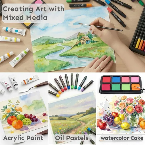Vista 5 de Juego de arte de lujo de 175 piezas en madera, kit de dibujo y pintura con 2 blocs de dibujo, pinturas acrílicas, lápices de colores, lápices
