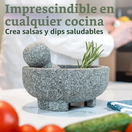 Vista 4 de PriorityChef - Juego de mortero y mano de mortero de granito – Molcajete Mexicano de piedra natural de 6.1 pulgadas para especias, condimentos