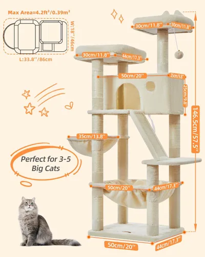 Vista 2 de Taoqimiao Árbol para gatos de 57.5 pulgadas, torre para gatos de interior para adultos, condominio extragrande para gatos, 8 postes rascadores