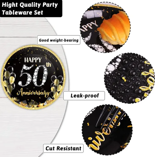 Vista 4 de 96 Piezas Platos de Papel Servilletas Tenedores para Fiesta de 50 Aniversario Empleado Carrera Boda 50 Aniversario Oro Negro Vajilla Desechable