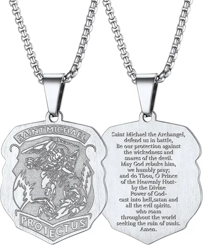 Vista 15 de FaithHeart Collar de San Miguel, acero inoxidable, chapado en oro de 18 quilates, amuleto colgante de San Miguel Arcángel para hombres y mujeres