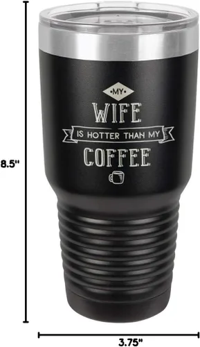 Vista 10 de Taza de viaje de acero inoxidable con popote y tapa superior deslizante My Wife Is Hot Than My Coffee Black de 30 onzas