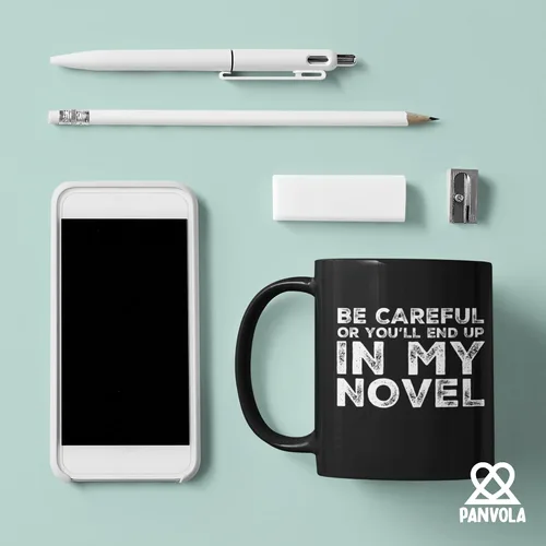 Vista 4 de Be Careful Or You'll End Up In My Novel Author Gifts Writer Novelist Poet Sarcástico Taza de cerámica de 11 oz Negro 11 oz