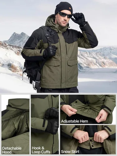 Vista 5 de FREE SOLDIER Chaqueta de esquí impermeable para hombre, abrigo cálido de invierno para nieve, snowboard con múltiples bolsillos, capucha desmontable