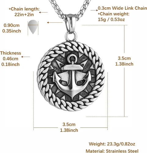 Vista 5 de HZMAN Collar de ancla náutica vikingo nórdico para hombres y niños, de acero inoxidable, brújula y timón, regalo de joyería, Acero inoxidable, No es