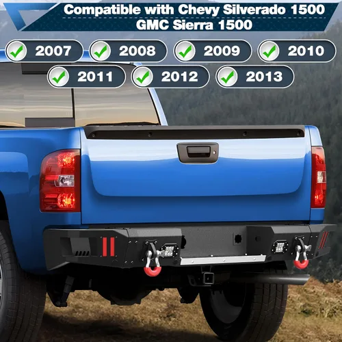 Vista 7 de Silverado Parachoques trasero para Chevy Silverado/GMC Sierra 1500 2007-2013 Negro texturizado con anillos en D, luces LED, orificios