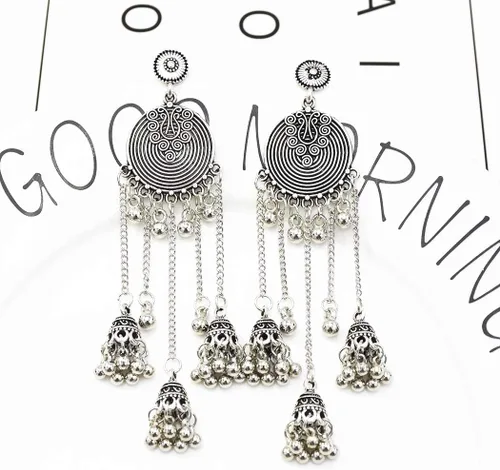 Vista 5 de Juego de 6 pares de aretes colgantes étnicos indios Jhumka Jhumki para mujer, vintage, plata y oro, largos con borlas, aretes de campana, joyería