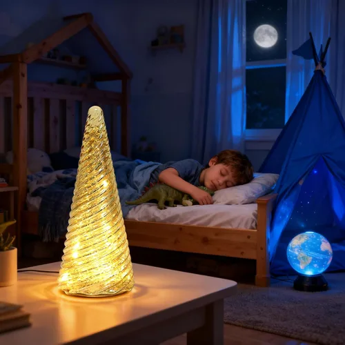 Vista 9 de Decoraciones de árbol de Navidad de vidrio para interiores, luz LED de mercurio decorativa de mesa para chimenea y hogar, luces nocturnas