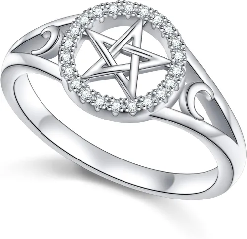 Vista 8 de Anillo de pentagrama y pentáculo de plata de ley S925 con amuleto de luna y bruja para mujeres y hombres