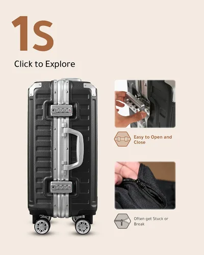 Vista 2 de LUGGEX Equipaje de mano sin cremallera con marco de aluminio - Eleva tu viaje, Pistola, Marco de aluminio negro equipaje de 28 pulgadas con ruedas