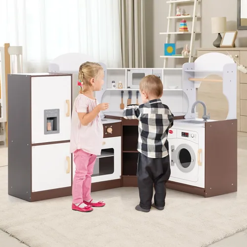 Vista 4 de Costzon Juego de cocina esquinera para niños, cocina de madera con sonidos y luces, lavadora, máquina de hielo, microondas, horno, fregadero