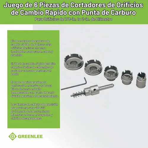 Vista 3 de Greenlee 660 Juego de cortadores de agujeros con punta de carburo de cambio rápido de 6 piezas, 7/8" - 2