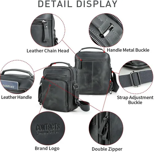 Vista 5 de Contacts Bolso bandolera pequeño de cuero para hombre, bolso cruzado de viaje de negocios, bolso de hombro para iPad de hasta 9.7 pulgadas (gris)