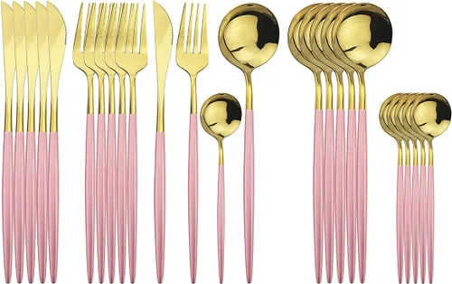Vista 14 de Juego de cubiertos negros de acero inoxidable de 24 piezas, servicio para 6, vajilla pulida con espejo, cuchillo tenedor y cuchara para el hogar