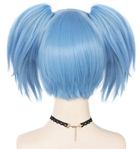 Vista 4 de Anogol Gorro de pelo + peluca Nagisa Shiota Cosplay azul peluca con colas de caballo dobles peluca corta azul anime peluca para hombres, mujeres