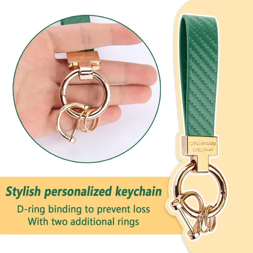 Vista 3 de Turcee Llavero de cuero de lujo con anillo D antipérdida, fibra de carbono brillante personalidad llavero de coche para mujereshombresmochilas