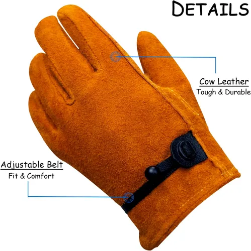 Vista 2 de Guantes de trabajo para niños de Hocoi Moa, edad 2-12 años, guantes de cuero de piel de oveja/cuero de vaca para niños para jardín (marrón/amarillo)