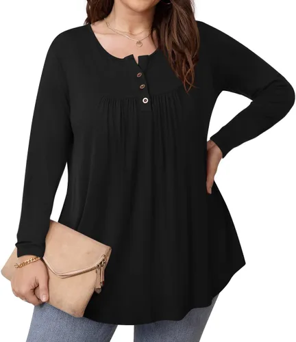 Vista 2 de BISHUIGE Blusas plisadas de manga corta con cuello en V para mujer, talla grande, estilo Henley, con botones