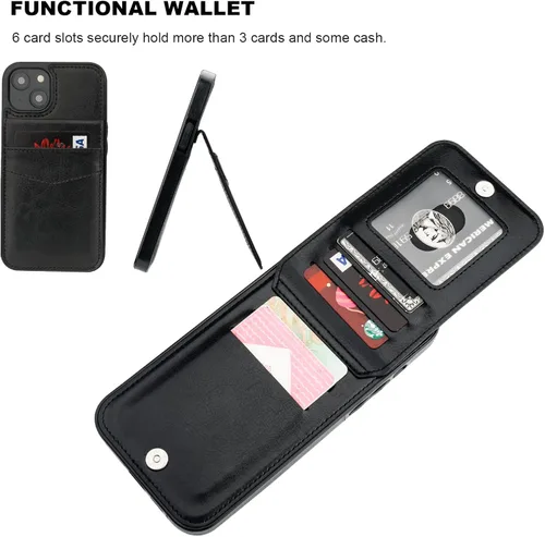 Vista 4 de KIHUWEY - Funda tipo cartera para iPhone 14 Plus, tarjetero con soporte, color negro Ranuras para tarjetas de crédito, piel sintética, cierre
