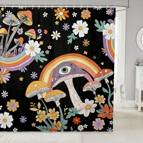 Vista 10 de Erosebridal Cortina de baño psicodélica, verde azulado, azul, morado, juego de cortina de ducha para niños y niñas, cortina de ducha exótica