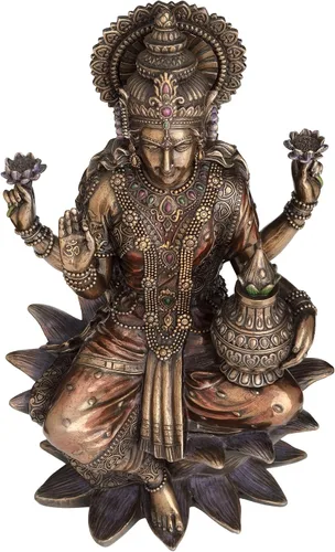 Vista 7 de Veronese Design 13 pulgadas Lakshimi sentado en Lotus Escultura de resina fundida en frío Acabado de bronce Hindú Dios Ídolo