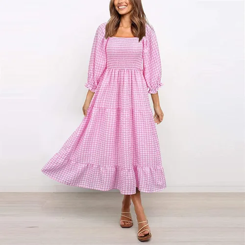 Vista 2 de NIUQI Vestido midi bohemio a cuadros para mujer cuello cuadrado hombros descubiertos manga abombada fruncido escalonado con volantes