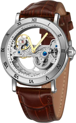 Vista 7 de FORSINING Reloj de esqueleto con correa de cuero genuino de estilo popular Movt automático de lujo para hombre Negro y blanco