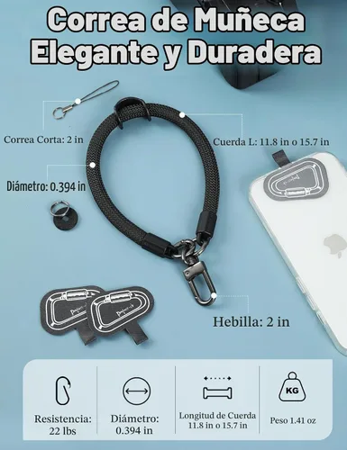 Vista 3 de Correa de Teléfono para Mano y Muñeca, Cordón de Teléfono con Parche ×2, Soporte para Funda de Teléfono Celular, Correa de Muñeca para Llaves Negro