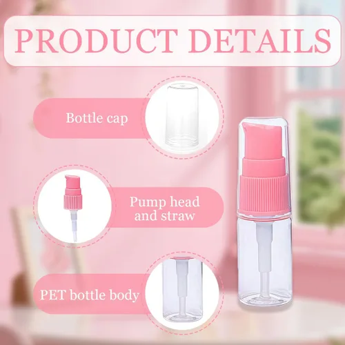 Vista 3 de Botella bomba de loción de plástico transparente de 0.3 onzas líquidas con cabezal de bomba de presión rosa, recipiente vacío para muestras
