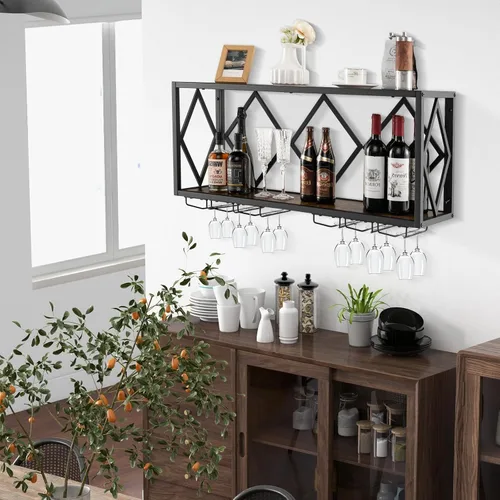 Vista 2 de Giantex Estante industrial para vino montado en la pared, soporte de pared de metal para 39 botellas de vino con 12 soportes para vidrio, estante