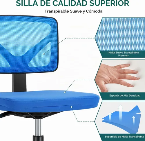 Vista 5 de DUMOS Sillas de oficina pequeñas con ruedas, ergonómicas ajustables para escritorio en casa, silla giratoria con ruedas, sin brazos, cómoda malla