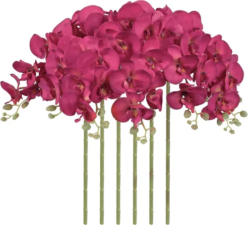 Vista 11 de Orquídeas artificiales de 38 pulgadas, 6 unidades, orquídeas falsas rosas, orquídeas de seda de terciopelo, flores artificiales de tallo largo