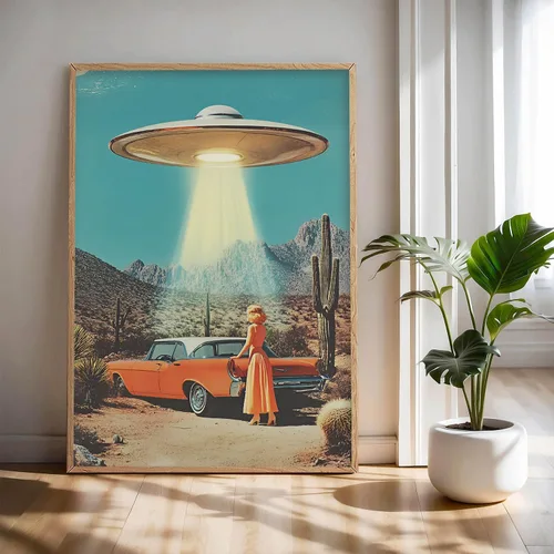 Vista 13 de JCSMHVLA Lienzo retro OVNI para pared, arte extraterrestre, regalos de arte para dormitorio, baño, pared, decoración del hogar, fotos retro de OVNI