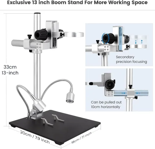 Vista 3 de LM246MS Microscopio digital HDMI de 3 lentes de 7 pulgadas para soldar, soporte de brazo de brazo de pluma de 13 pulgadas, video UHD 2160P 2000X