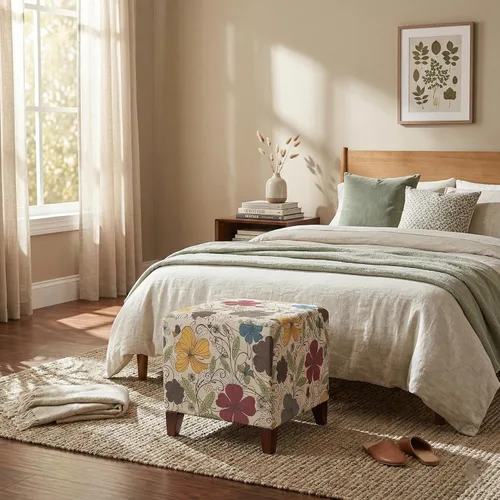 Vista 4 de Joveco Reposapiés otomano cuadrado de 16.3 pulgadas, moderno taburete de tela de lino floral con patas de madera maciza, banco de zapatos tapizado