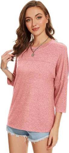 Vista 144 de ZENNILO Camisetas casuales de manga 3/4 para mujer, holgadas, cuello redondo, lindas camisetas básicas