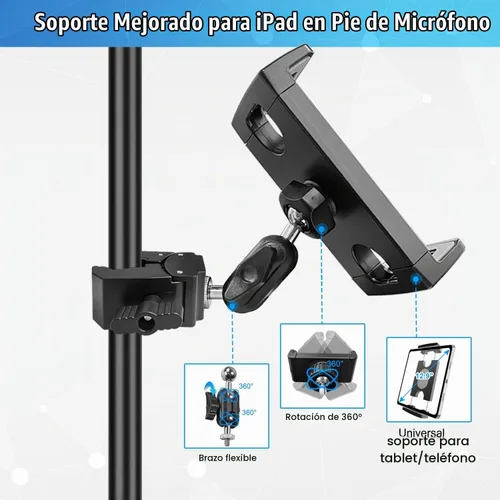 Vista 3 de Soporte de micrófono para tableta, soporte giratorio de 360° para iPad soporte para teléfono iPad soporte para micrófono, cinta de correr, bicicleta