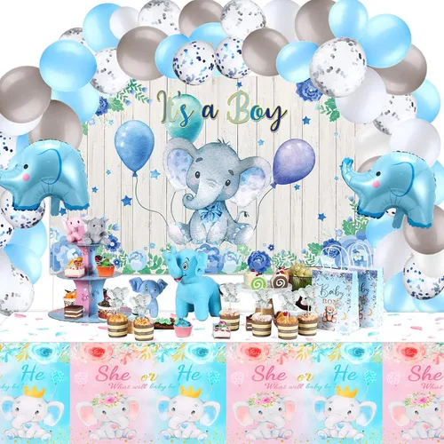 Vista 7 de PHOGARY Paquete de 3 manteles de revelación de género de bebé para decoración de fiesta de niño o niña, elefantes bebés rosas o azules, manteles