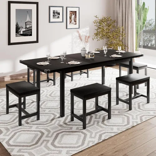 Vista 3 de iPormis Juego de mesa de comedor extensible de 7 piezas con 6 taburetes, juego de mesa de cocina de 63 pulgadas para 4 a 8 personas, mesa de comedor