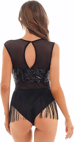 Vista 4 de Leotardo de malla con lentejuelas para mujer con flecos y abertura en la espalda, trajes de gimnasia
