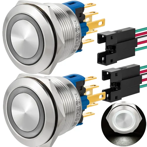 Vista 12 de 2 interruptores de botón de cierre de 0.866 in, 7/8 pulgadas, 110 V-120 V, SPDT, interruptor de encendido y apagado, impermeable, IP67, acero Azul