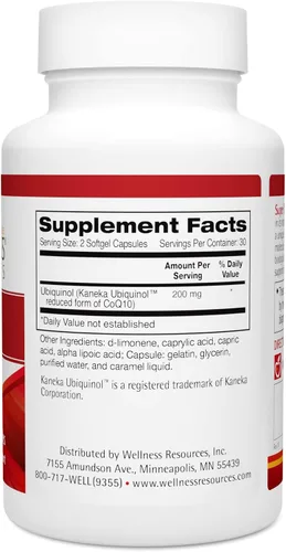 Vista 2 de Wellness Resources Super CoQ10 Ubiquinol - CoQH-CF patentado estable y sin cristales, sin soja (100 mg, 60 cápsulas)