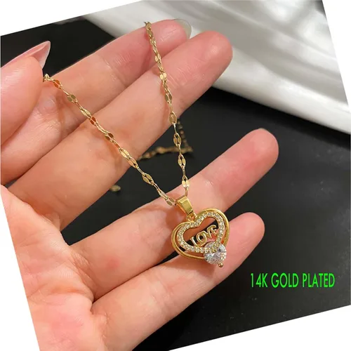 Vista 3 de 14K Gold-plated Love Heart Necklace or Orchid Pendant Women Necklace with Cubic Zirconia, Adjustable Titanium Steel Collarbone Necklace for Women.