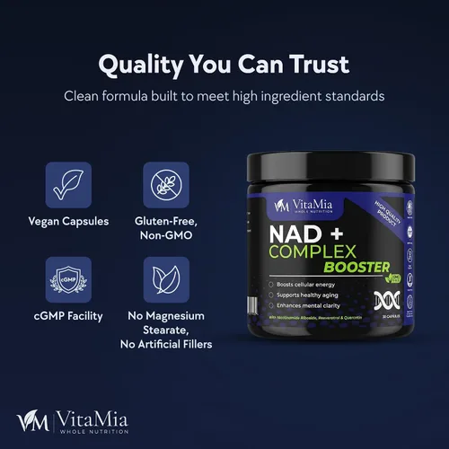 Vista 6 de VitaMia NAD+ Complex Booster, 30 cápsulas - Suplemento NAD con ribósido de nicotinamida, resveratrol y quercetina para energía celular