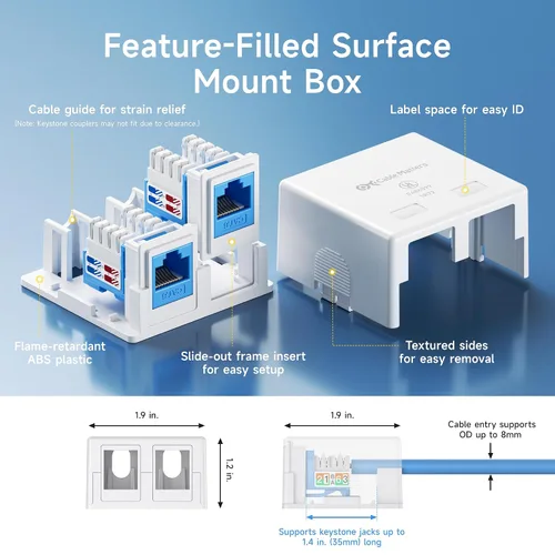 Vista 2 de Cable Matters Caja de montaje en superficie con conector Keystone de 2 puertos con certificación UL, color blanco Caja de montaje en superficie